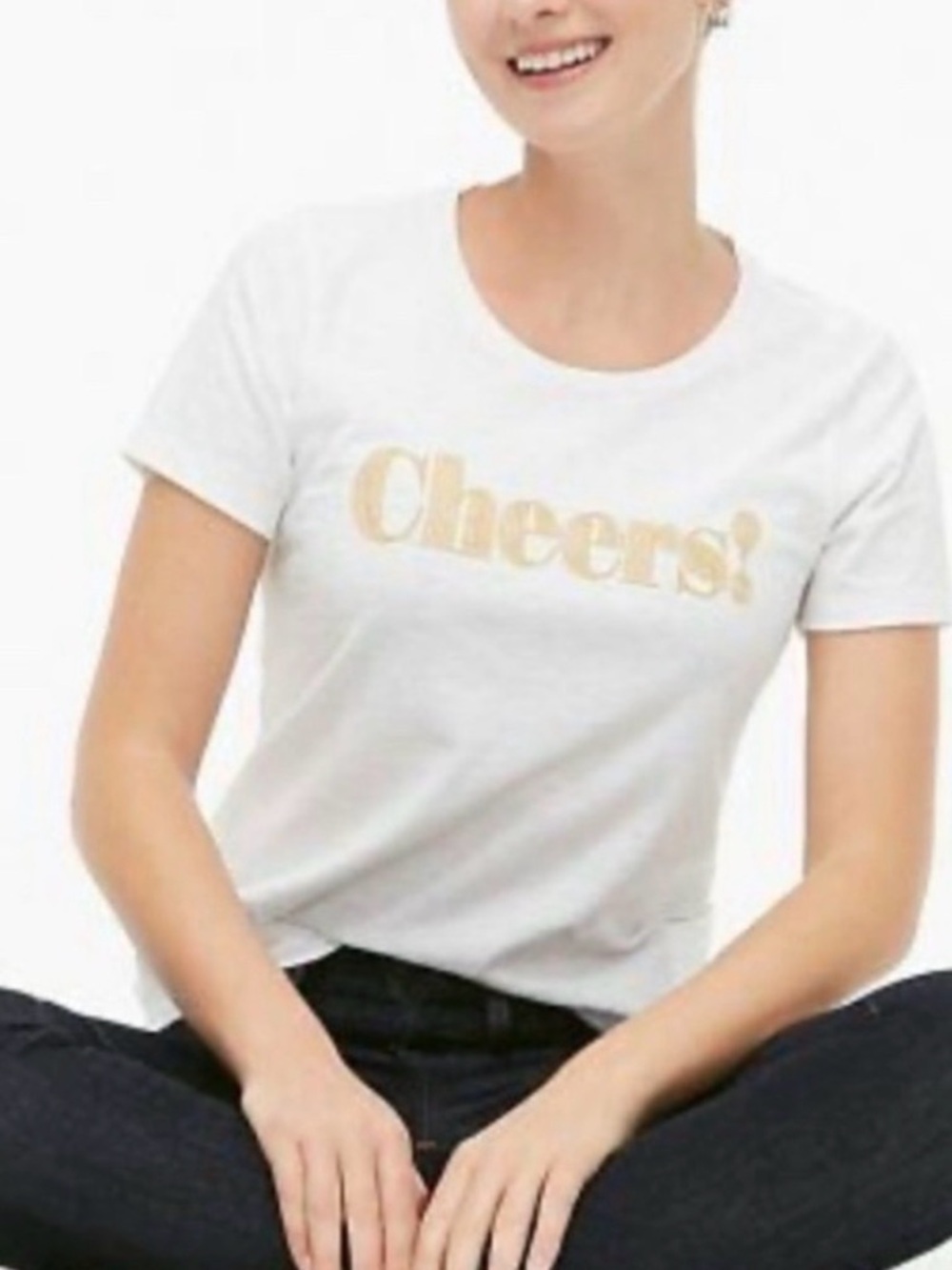 J. Crew White Short-Sleeve 'Cheers!' Graphic Tee with Gold Embroidered Print